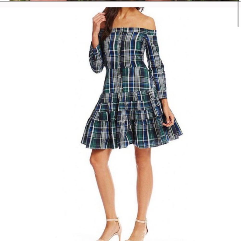 Gianni bini blue off the shoulder plaid dress